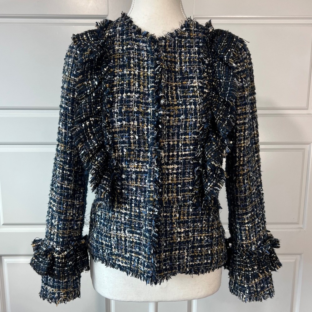 Ann Taylor Tweed Jacket‎ Size 0 Ruffle Trim Gold Blue Career Party